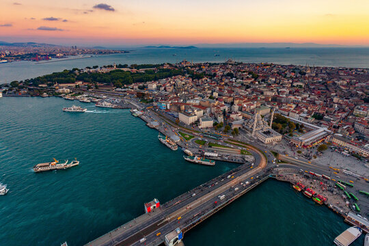Aerial view of Galata Bridge on the Golden Horn and Old City, Istanbul, Turkey.