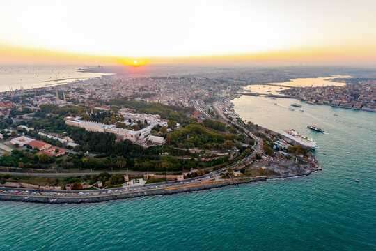 Aerial view of Topkapi Palace, Old City and Golden Horn, Istanbul, Turkey.