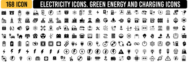 Electricity icons vector set. Set of green energy thin line icons - obrazy, fototapety, plakaty