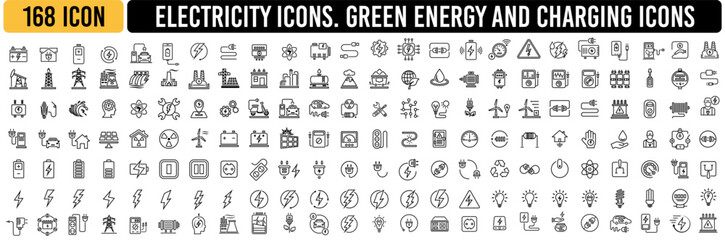 Electricity icons vector set. Set of green energy thin line icons