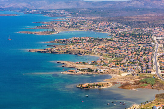 Aerial view of coastline in Sifne area of Cesme peninsula, Izmir, Turkey.