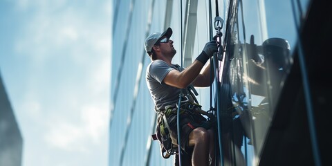 AI Generated. AI Generative. Man alpinist washing cleaning professional worket at high building on ropes protection. Graphic Art