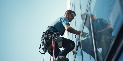 AI Generated. AI Generative. Man alpinist washing cleaning professional worket at high building on ropes protection. Graphic Art - obrazy, fototapety, plakaty