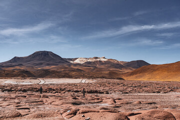 landscape in the Atcama desert with blue lagoons and mountains