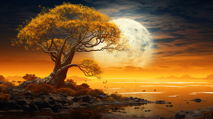 Yellow tree moon behind landscape