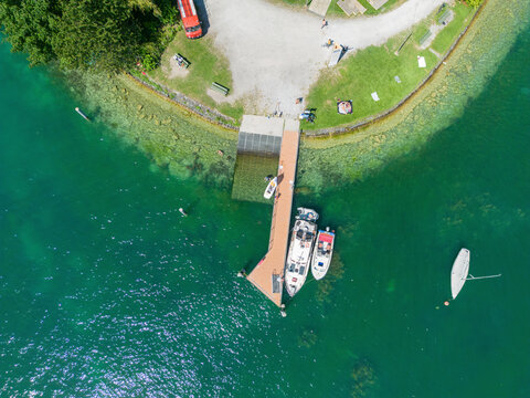 Aerial View of sailing boat docket along the Pier on Lake Zurich, Zurich, Switzerland.