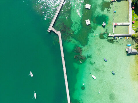 Aerial View of Cassiopeia Pier with boat docked along the coast, Lake Zurich, Zurich, Switzerland.