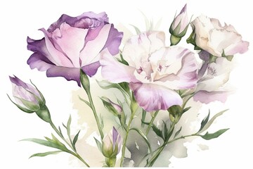 A delightful watercolor painting of lisianthus, perfect for greeting cards and event invitations. Great for weddings, birthdays, holidays, or a summer backdrop. Generative AI