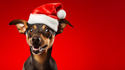Pinscher in a Santas hat isolated on red background Christmas background. Generative AI