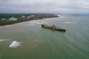 Costinesti, Romania - 17 April 2023: Aerial View of Shipwreck On The Black Sea Coast, Costinesti, Romania,.