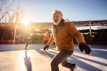happy smiling old man skating in the ice rink - obrazy, fototapety, plakaty