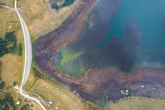 Aerial Drone View of Batak Dam, along Batak Reservoir, Rhodope Mountains, Rakitovo, Pazardzhik, Bulgaria.