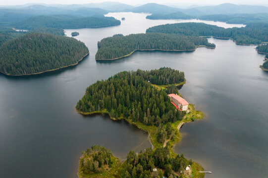 Aerial View of Shiroka Polyana Dam, Batak, Pazardzhik, Bulgaria.