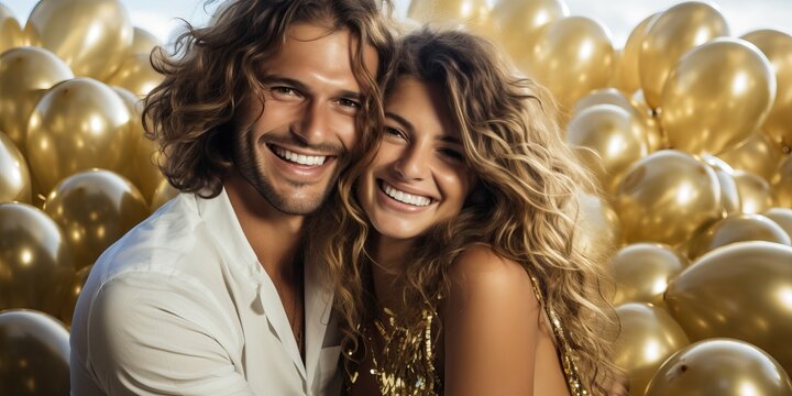 Beautiful young couple with golden balloons at birthday party
