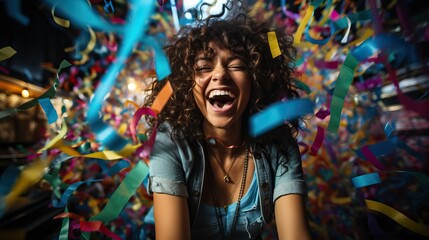 Portrait of young woman with curly hair having fun with confetti in nightclub