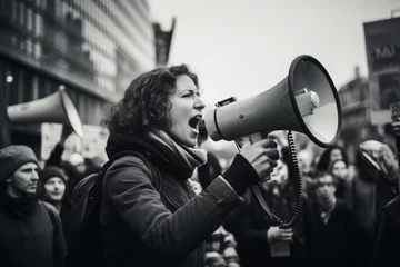 Fotobehang a woman shouting through megaphone on a workers environmental protest in a crowd in a big city. black and white documentary photo © Rzk