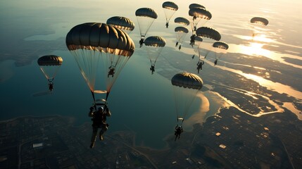 Paratrooper soldiers flying in the sky - obrazy, fototapety, plakaty