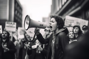 a woman shouting through megaphone on a workers environmental protest in a crowd in a big city. black and white documentary photo
