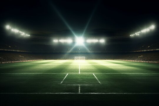 Image of a soccer field beneath bright lights. Generative AI