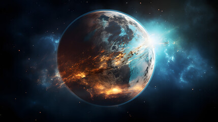 Fototapeta na wymiar Dramatic Depiction of a Planet with Fiery and Icy Sides Amidst a Starry Cosmic Background.