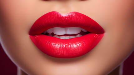 Obraz premium Beautiful female smile with red lipstick and white teeth