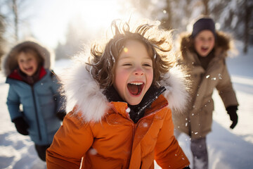 group of children having fun in the snow
