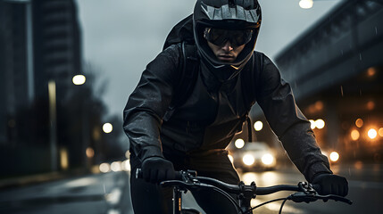 A guy on a bike riding down the road at night and in the rain.