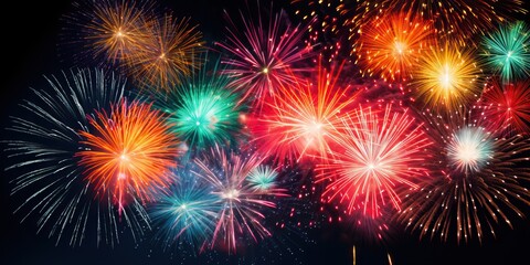 Fototapeta premium Colorful fireworks of various colors over night sky background, Happy new year concept