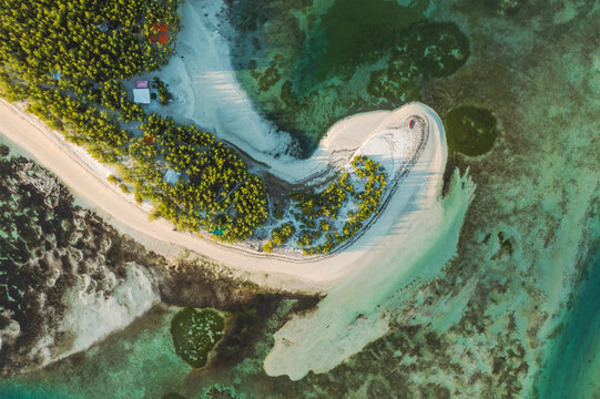 Aerial view of sandbanks along the coastline on Ilot Mangenie island, Ilot Lievres, Flacq, Mauritius.