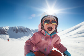 Fototapeta na wymiar portrait of young snowboarder, happy child in winter