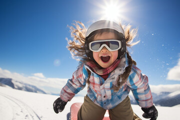 Fototapeta na wymiar portrait of young snowboarder, happy child 