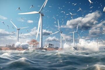 3D offshore wind turbine for generating electricity with seagulls and stormy sea. Generative AI - obrazy, fototapety, plakaty