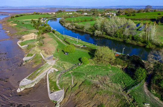 Aerial view of shipwreck beached along the river shoreline, Severn River, Purton, United Kingdom.