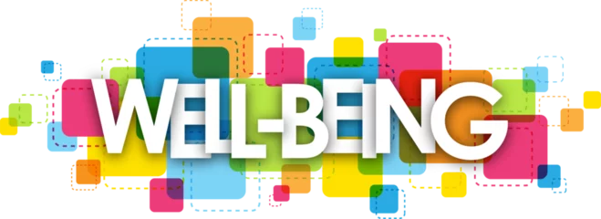 Schilderijen op glas WELL-BEING typography banner with colorful squares on transparent background © Web Buttons Inc