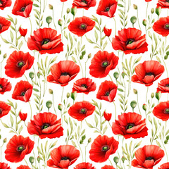 Watercolor poppy flowers seamless pattern background - obrazy, fototapety, plakaty