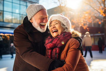 happy smiling old couple in the ice rink