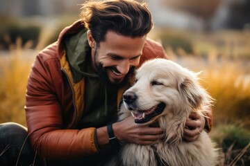 A man is hugging a dog in a field.