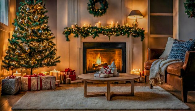 Interior Delights with Fireplace, Decked Christmas Tree, and Cozy Holiday Decor
