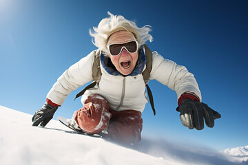 Fototapeta na wymiar happy granny snowboarder in the mountains
