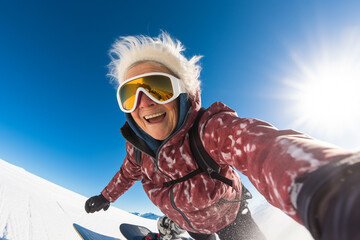 happy granny snowboarder in the mountains - obrazy, fototapety, plakaty