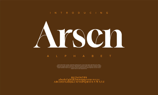 Arsen premium luxury elegant alphabet letters and numbers. Elegant wedding typography classic serif font decorative vintage retro. Creative vector illustration