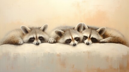 A painting of three raccoons resting on a couch