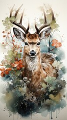 A painting of a deer with antlers and berries.