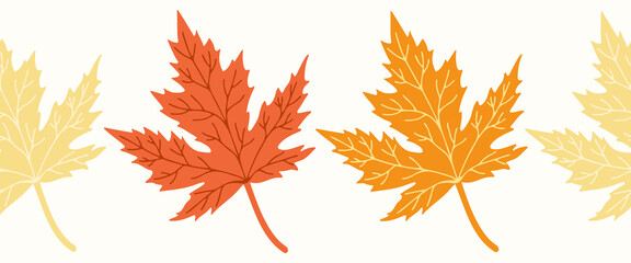 Seamless border of doodle maple leaves on isolated background. Hand drawn background for Autumn harvest holiday, Thanksgiving, Halloween, seasonal, textile, scrapbooking, washi tape.