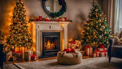 A Warm and Welcoming Christmas Vibe with a Crackling Fireplace and Adorned Tree