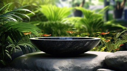 Tropical garden photo Stone bowl with flowing water