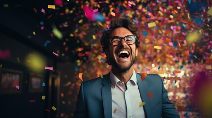 Fototapeta premium Portrait of a cheerful businessman with confetti flying around him.