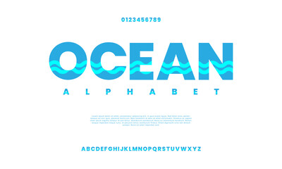 Ocean creative modern urban alphabet font. Digital abstract moslem, futuristic, fashion, sport, minimal technology typography. Simple numeric vector illustration