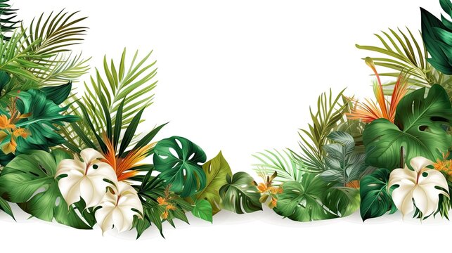 tropical leaves popping out of the edges onto a white background