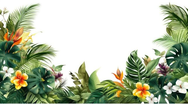 tropical leaves popping out of the edges onto a white background